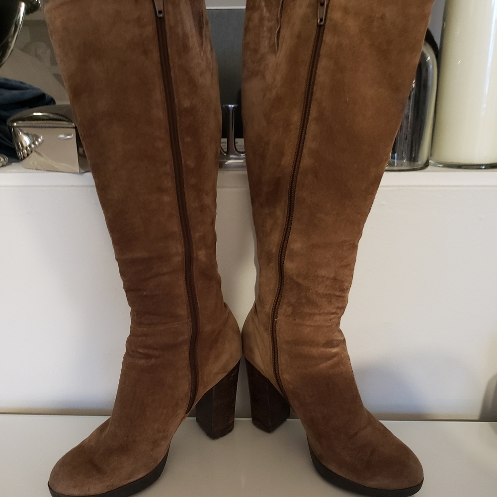 Aldo Leather Suede Platform Knee Boots Sandy Tan Color Fall Winter Tread Great 6